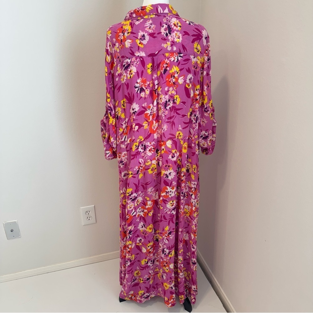 Woman Within Floral Pink Maxi Shirt Dress Roll Tab Sleeve Boho Spring 28W - Picture 3 of 7